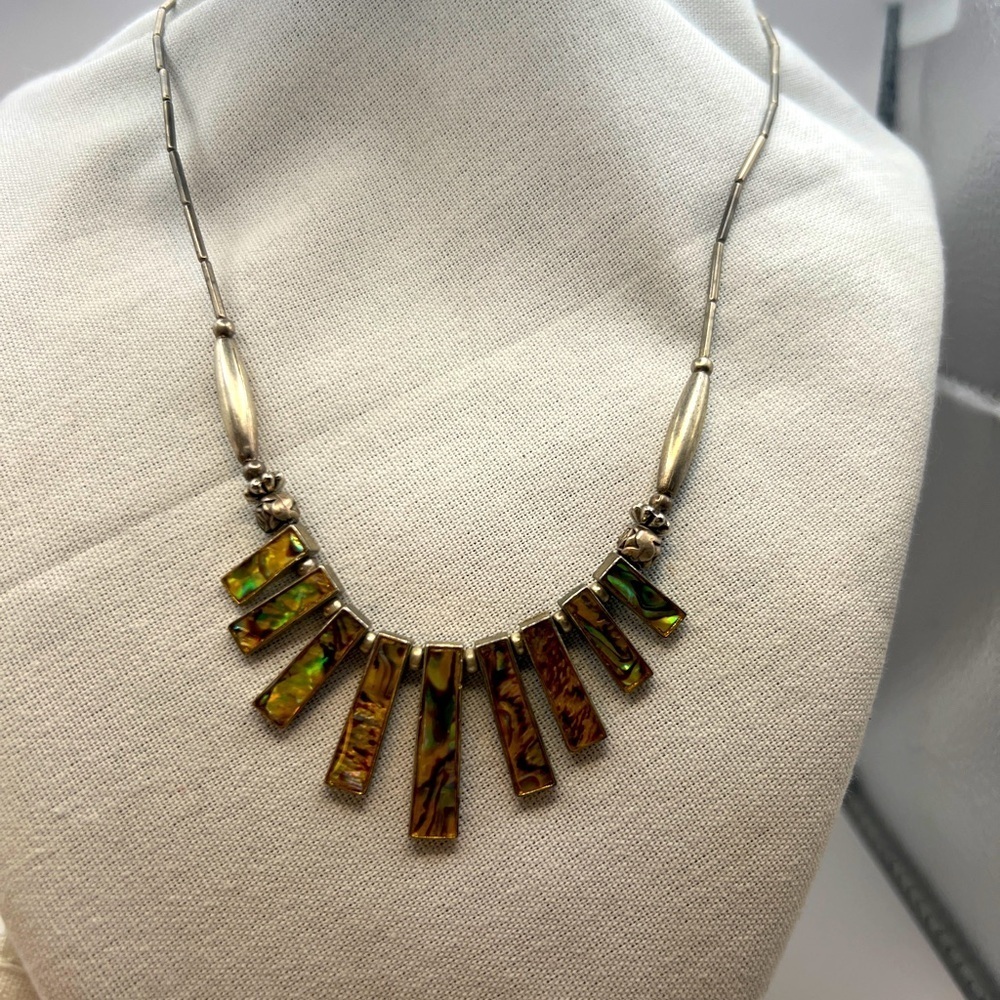 Silver tone Abalone Fan Pendant necklace
